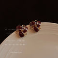 Wine Red Enamel Geometric Flower Stud Earrings Gold Outline view 1
