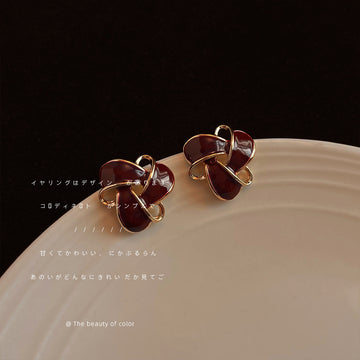 Wine Red Enamel Geometric Flower Stud Earrings Gold Outline