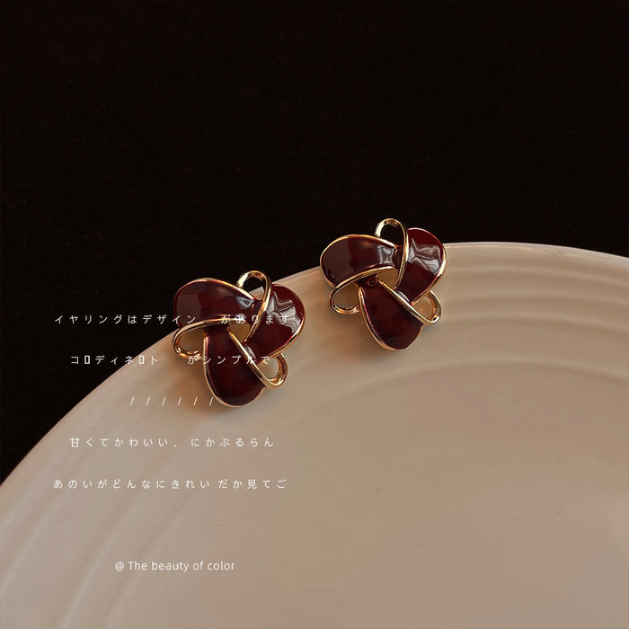 Wine Red Enamel Geometric Flower Stud Earrings Gold Outline