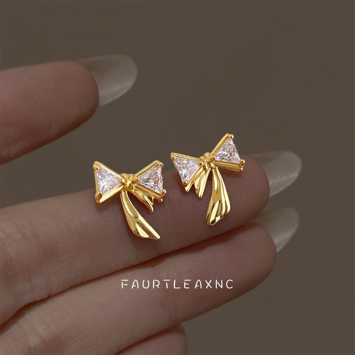 Gold Tone Clear Crystal Triangle Bow Stud Earrings