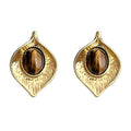 Hammered Leaf Stud Earrings Gold Tone with Tiger Eye view 5
