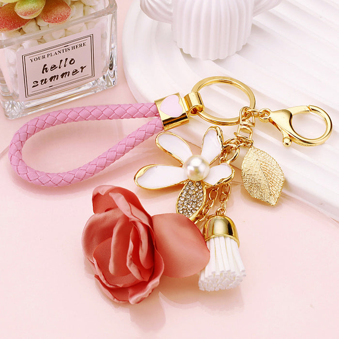 Fabric Rose, Flower, Leaf and Tassel Keychains in Four Colors