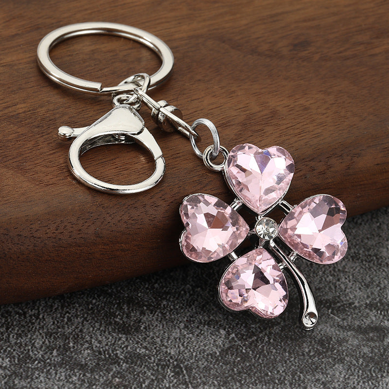 Rhinestone Four Leaf Clover Keychain with Colorful Cat Eye Stone Charm