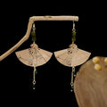 Gold Green Mismatched Folding Fan Long Hook Earrings view 3