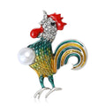 Enamel Rooster Brooch with Faux Pearl in Green or Red view 1