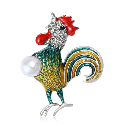 Enamel rooster with pearl shown from the front