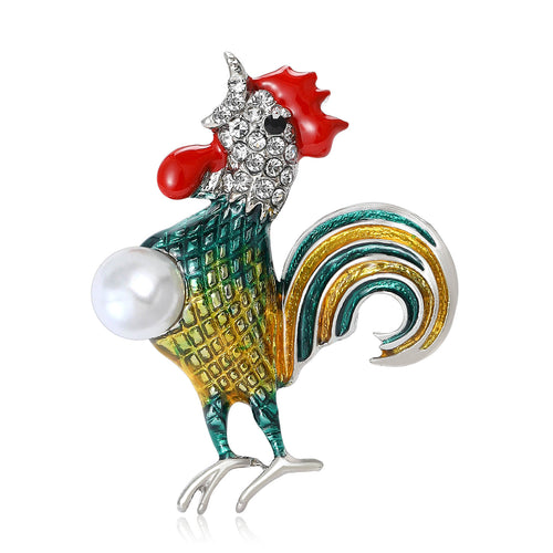 Enamel rooster with pearl shown from the front