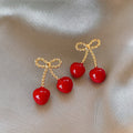 Red Cherry Bow Crystal Stud Earrings Metal Tone Jewelry view 1