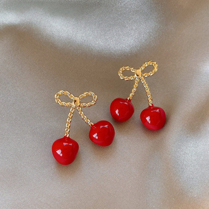 Red Cherry Bow Crystal Stud Earrings Metal Tone Jewelry