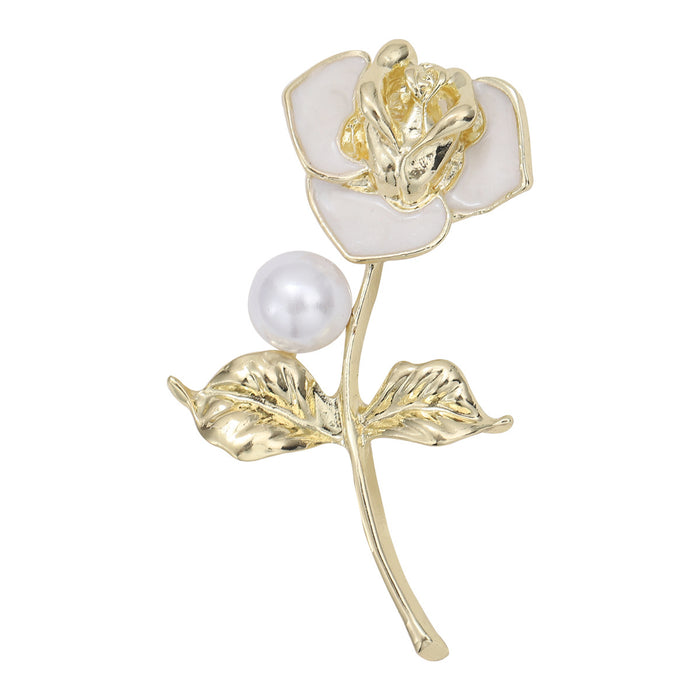 Gold Tone Enamel Camellia Brooch Pearl Accent Leaf Stem Pin
