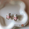 Flocked Cream Teddy Bear Pink Belly Stud Earrings Pair view 3