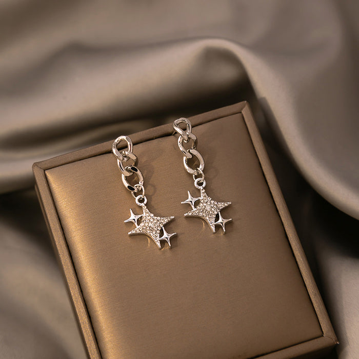 Silver Chain Link Starburst Clear Look Dangle Earrings