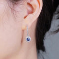 Silver Tone Blue Oval Halo Drop Hoop Earrings Pair view 3