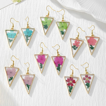 Gold Tone Triangular Pressed Flower Drop Earrings in Six Designs