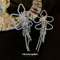 Silver Crystal Flower Long Tassel Earrings Polished Metal Jewelry view 2