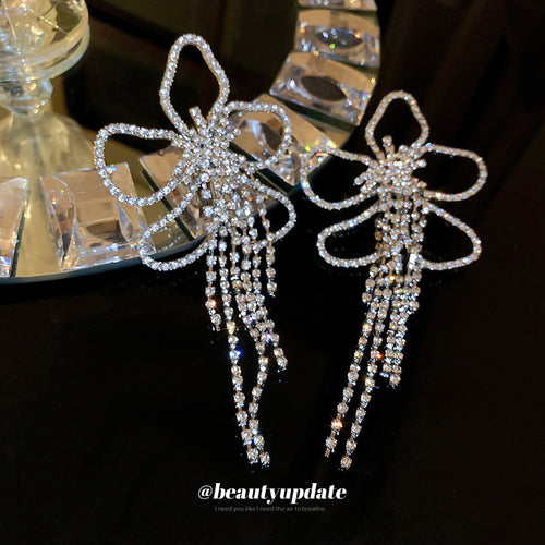Silver Crystal Flower Long Tassel Earrings Polished Metal Jewelry modeled at the ear