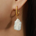 Gold Oval Huggie Irregular Freshwater Pearl Drop Earrings view 3