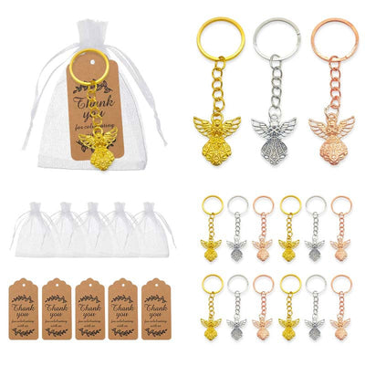 White drawstring pouches and kraft thank-you tags are displayed beside angel charm keychains in three colors.
