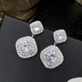 Double Square Halo Crystal Drop Earrings in Silver Tone view 2