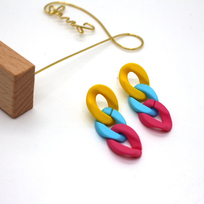 Colorful Matte Chunky Triple Link Chain Stud Earrings