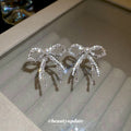 Silver Tone Crystal Bow Stud Earrings With Chain Tassels view 2