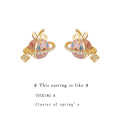 Gold Tone Pink Planet Bow And Clear Stone Stud Earrings view 4