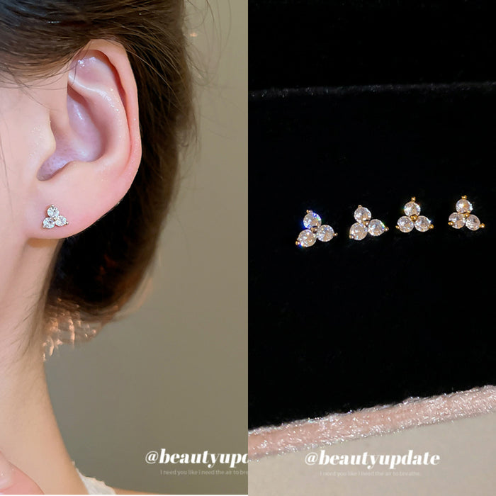 Petite Three Petal Crystal Stud Earrings in Silver Tone