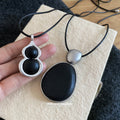 Black Oval and Double Circle Cord Pendant Necklace view 2