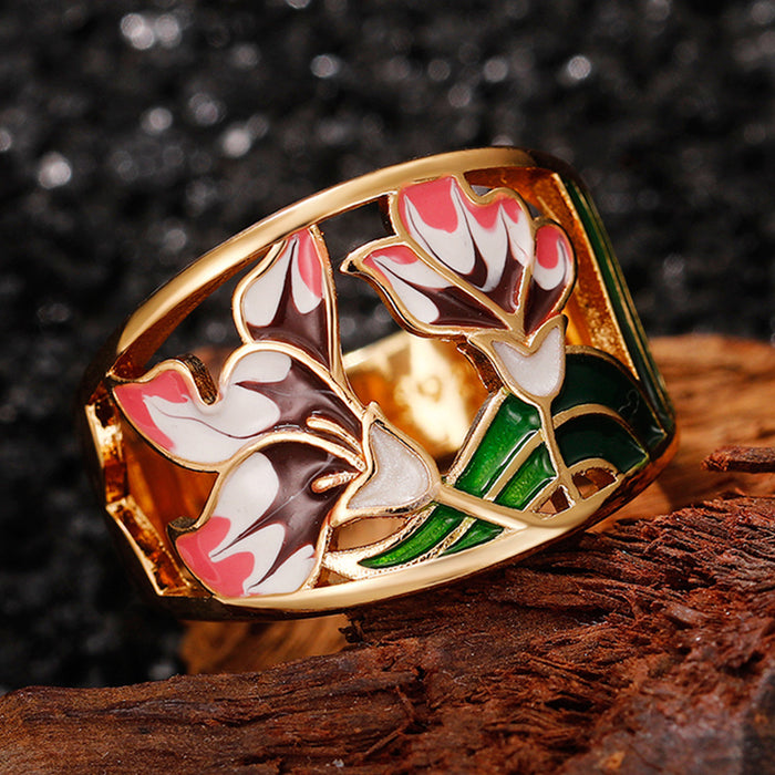 Gold Enamel Floral Tulip Openwork Band Ring Sizes 6-10