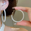 White Pearl Beaded Large Hoop Earrings in Gold Tone view 1