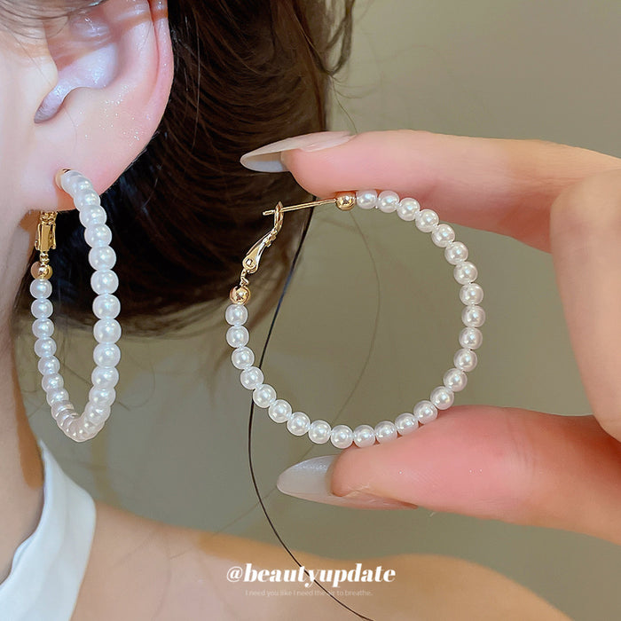 White Pearl Beaded Large Hoop Earrings in Gold Tone