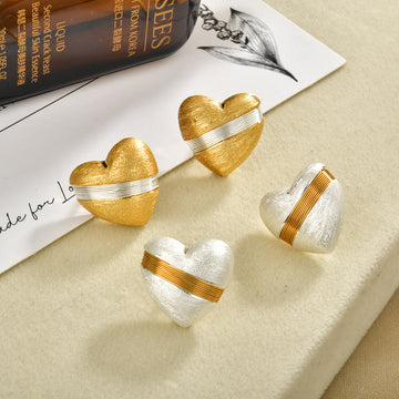 Brushed Heart Stud Earrings with Contrasting Wire Bands