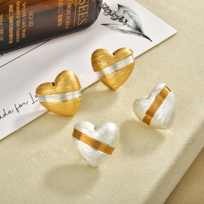 Brushed Heart Stud Earrings with Contrasting Wire Bands