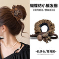 Coffee Brown Ruffle Scrunchie With Leopard Bear And Gray Pom view 6