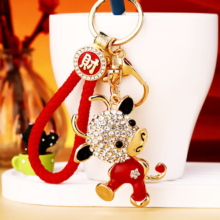 Jeweled Zodiac Calf Keychains in Pink and Red with BV Fortune and Plain Loops