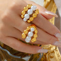 Gold Bead Cluster Ring White Shell Pearls Openwork Band Metal view 1