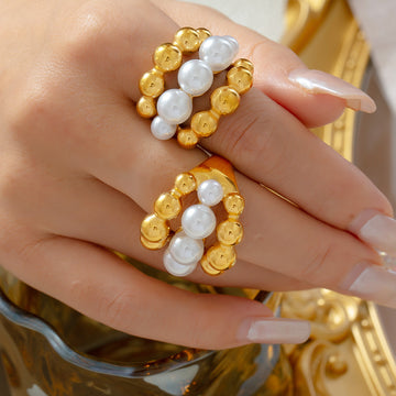 Gold Bead Cluster Ring White Shell Pearls Openwork Band Metal