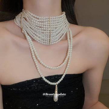 Layered Pearl Draped Necklace with Teardrop Pendant