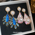 Pearl Drop Earrings with Pink or Blue Leaf Crystals view 2