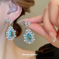 Blue Teardrop Crystal Pearl Earrings Ring Necklace Pieces view 3
