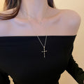 Layered Silver Tone Double Cross Pendant Chain Necklace view 1