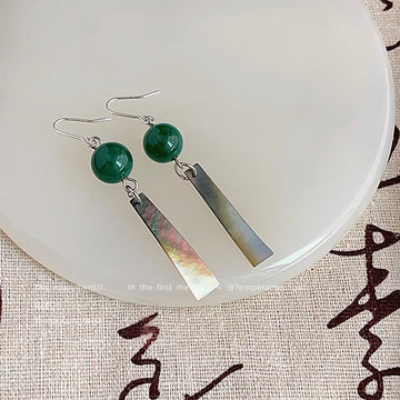 Silver Green Agate Mother of Pearl Bar Drop Earrings