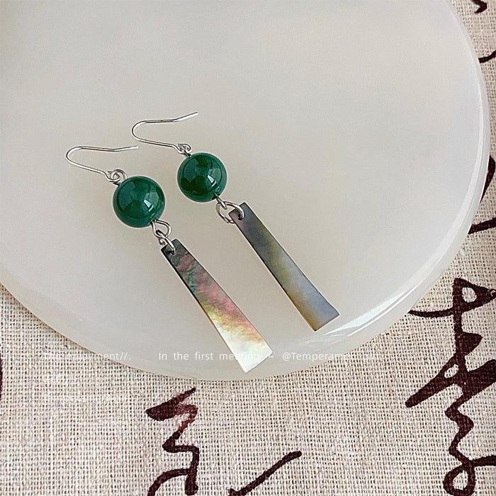 Silver Green Agate Mother of Pearl Bar Drop Earrings