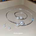 Silver Pearl Rhinestone Choker Bangle Studs Three Piece view 4