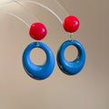 Glossy Red and Blue Open Oval Statement Drop Stud Earrings view 6