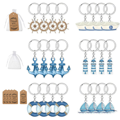Six nautical acrylic keychain styles with organza bags and tags