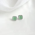 Silver Tone Pale Green Cat Eye Cushion Square Stud Earrings view 4