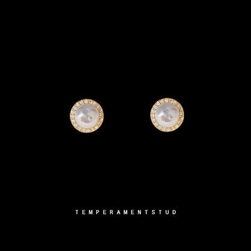 Gold-Tone Pearl Stud Earrings with Clear Pavé Halo