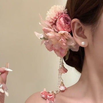 Pink Fabric Flower Pearl Tassel Duckbill Hair Clip