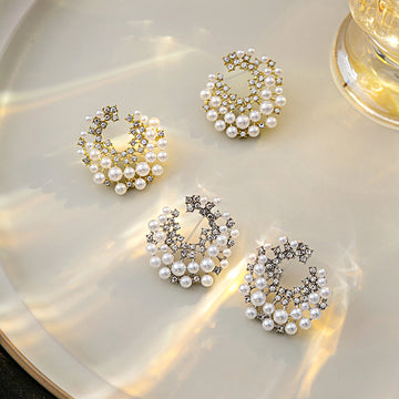 Gold and Silver Pearl Look Clear Stone C Hoop Earrings